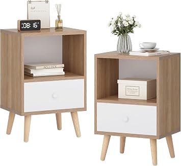 JAXPETY Set of 2 Modern Wood Nightstand, Bedside Table with Drawer, Bedside Furniture, Night Stand, End Table with Open Shelf and Solid Wood Legs for Home Bedroom, Brown