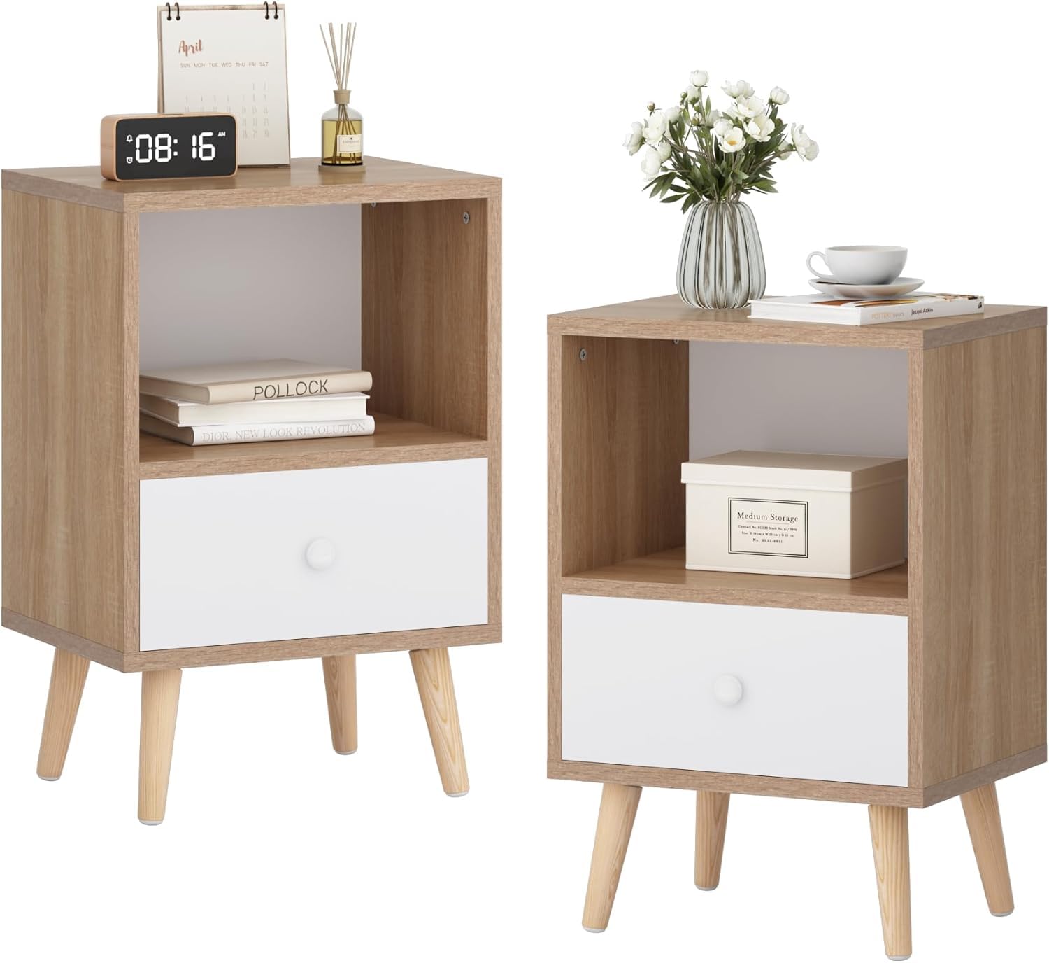 Two JAXPETY modern wood nightstands with drawers, brown and white, in a living room setting.