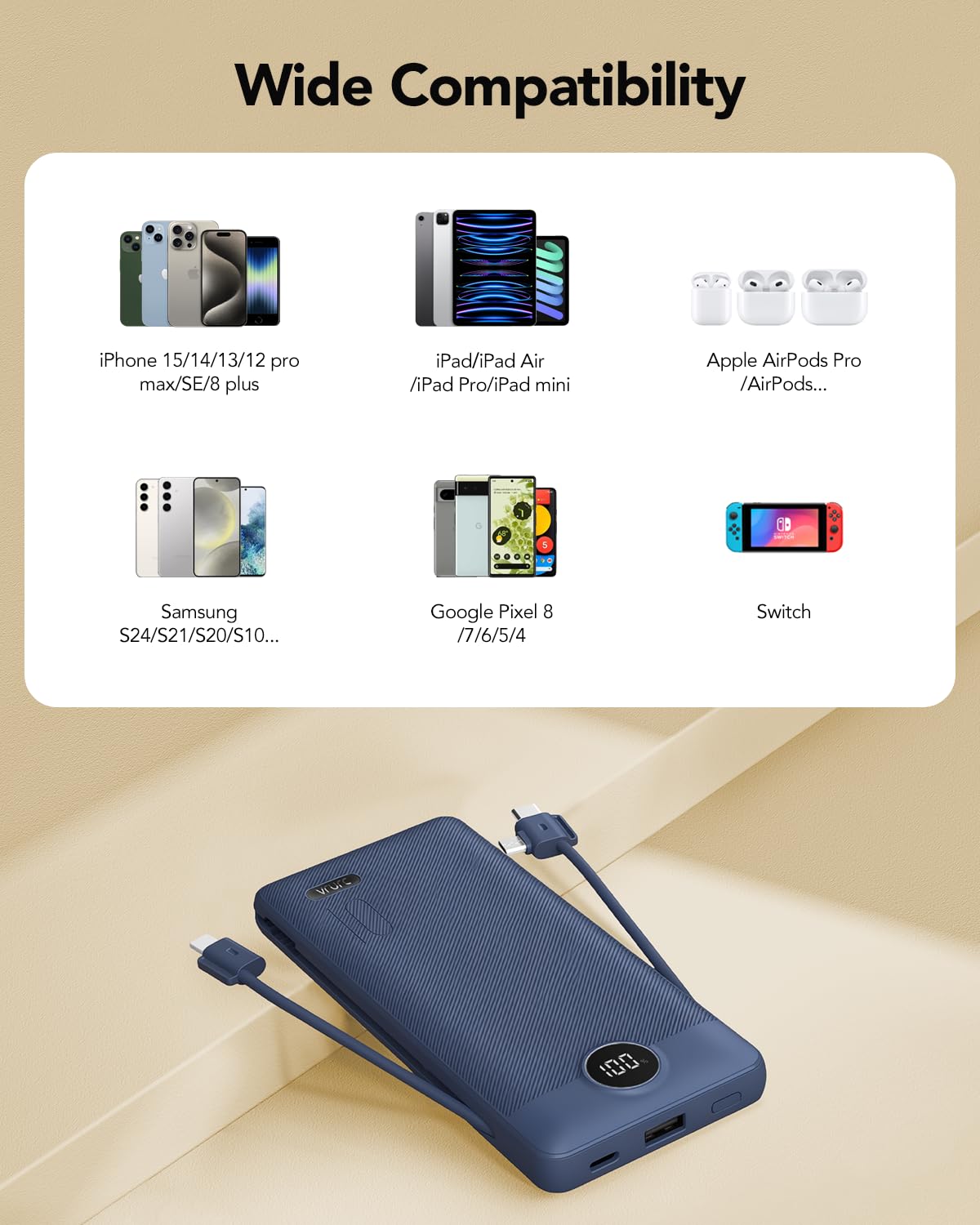 VRURC Portable Charger Built-in Cables and AC Wall Plug, USB C Power Bank 10000mAh, Travel Battery Portable Phone Charger Compact Lightweight External Battery Pack for Smart Phones, Tablets etc-Navy view 7
