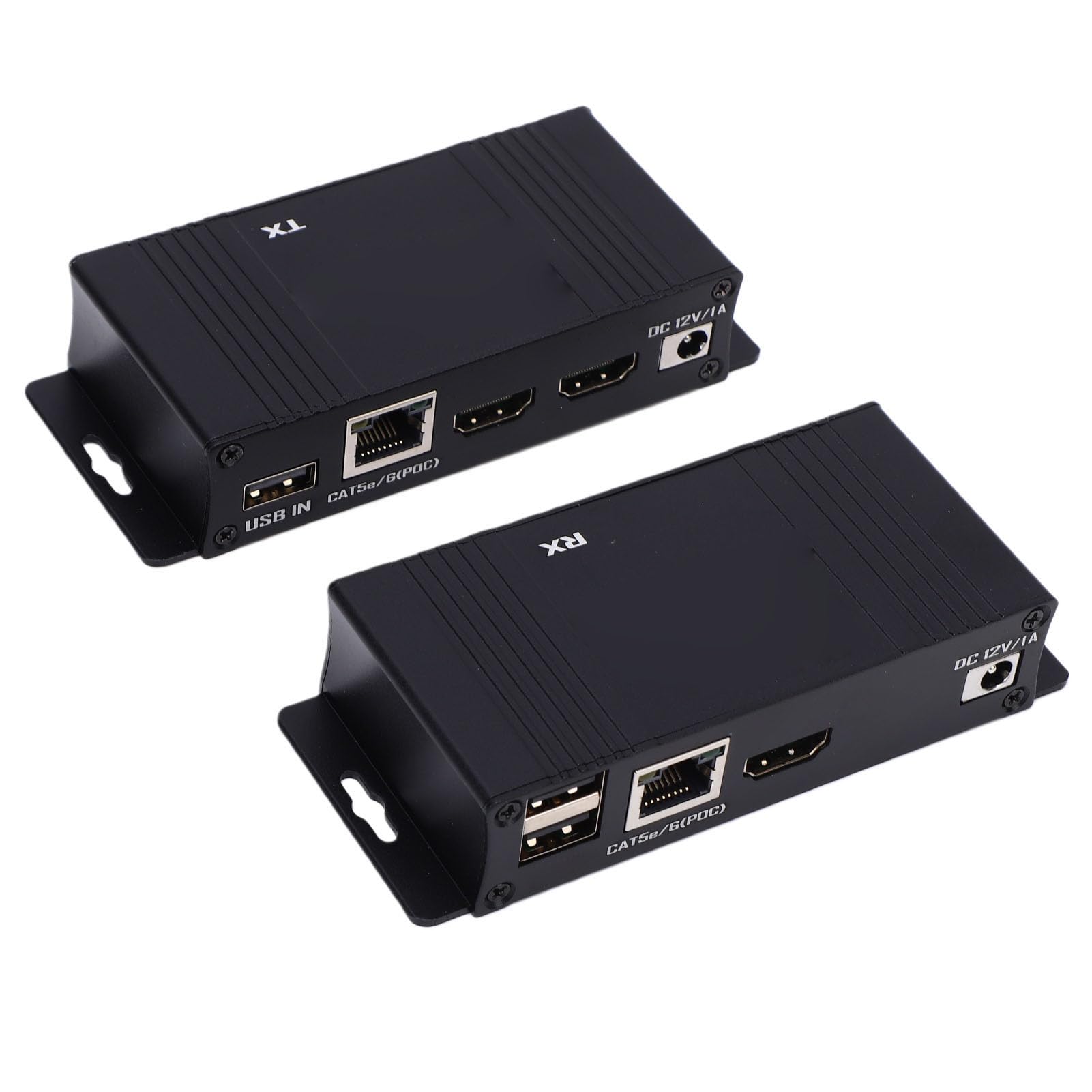 Jiawu Przedłużacz USB KVM, Zestaw Przedłużacza HDMI, Transmisja Wideo 1080P 60 Hz Przez Kabel Ethernet CAT5e/6 do 56 Stóp, Funkcja Plug and Play do Sterowania klawiaturą i myszą USB (wtyczka UE)