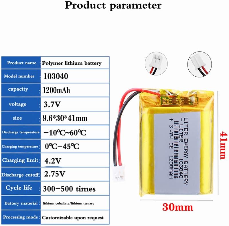 Miniatura 2 de Batería recargable de polímero de iones de litio de 3.7V 1200mAh 103040 con conector JST 0.079 in