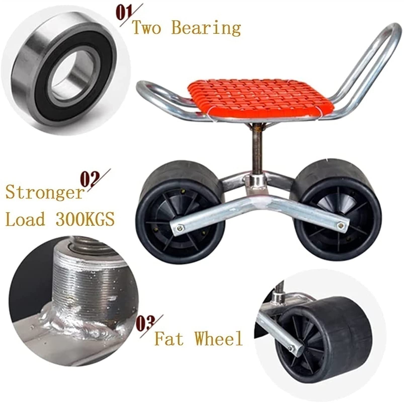 Wózek ogrodowy Rolling Work Seat Trawnik zewnętrzny Patio Wagon Scooter do sadzenia, regulowane obrotowe siedzisko 360 stopni