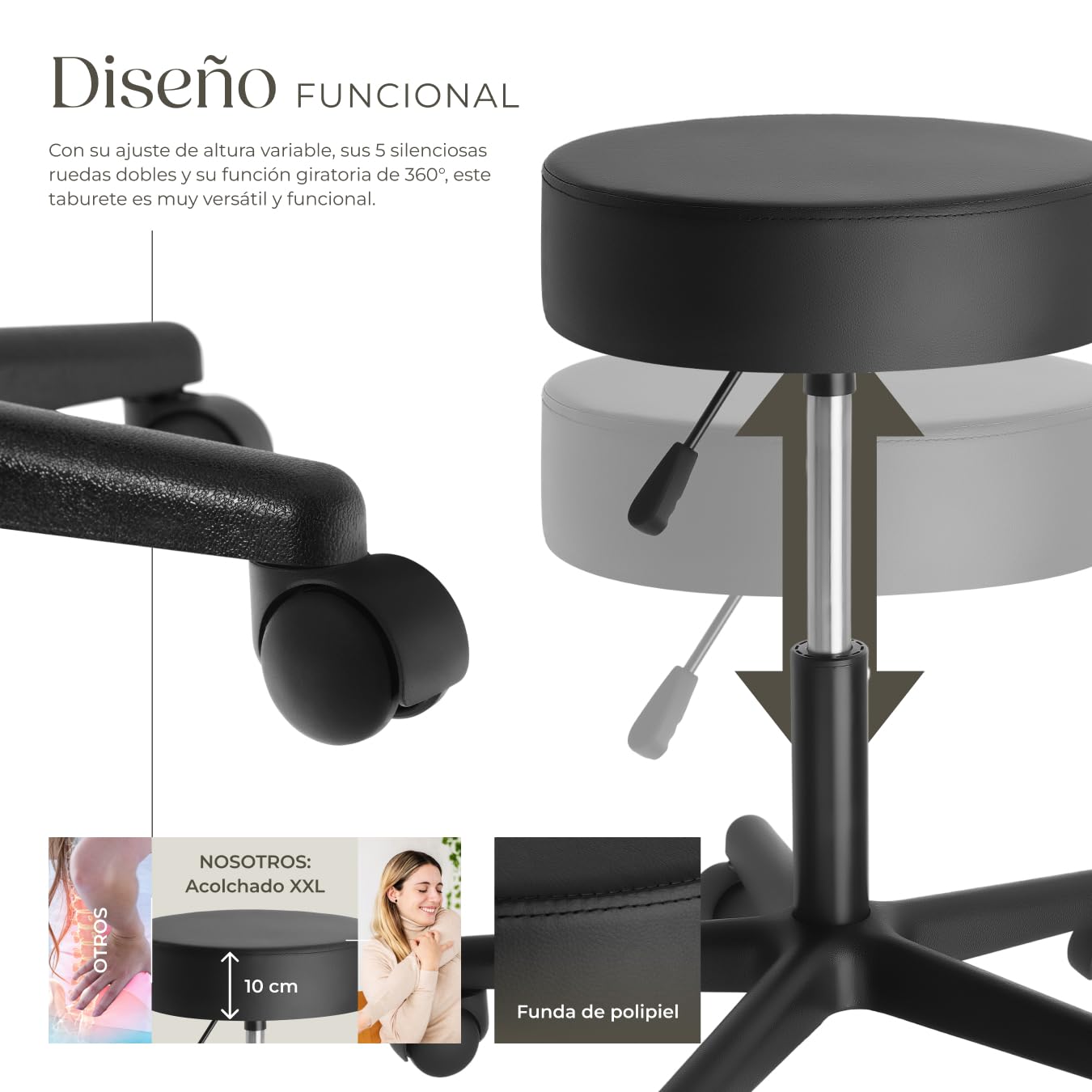 tectake® Taburete Regulable y Giratorio con Ruedas, Ideal como Taburete Cocina, Banqueta o Banquetas Cocina, Cómodo y Práctico para Taburetes con Ruedas - 48 x 48 x 63 cm Negro