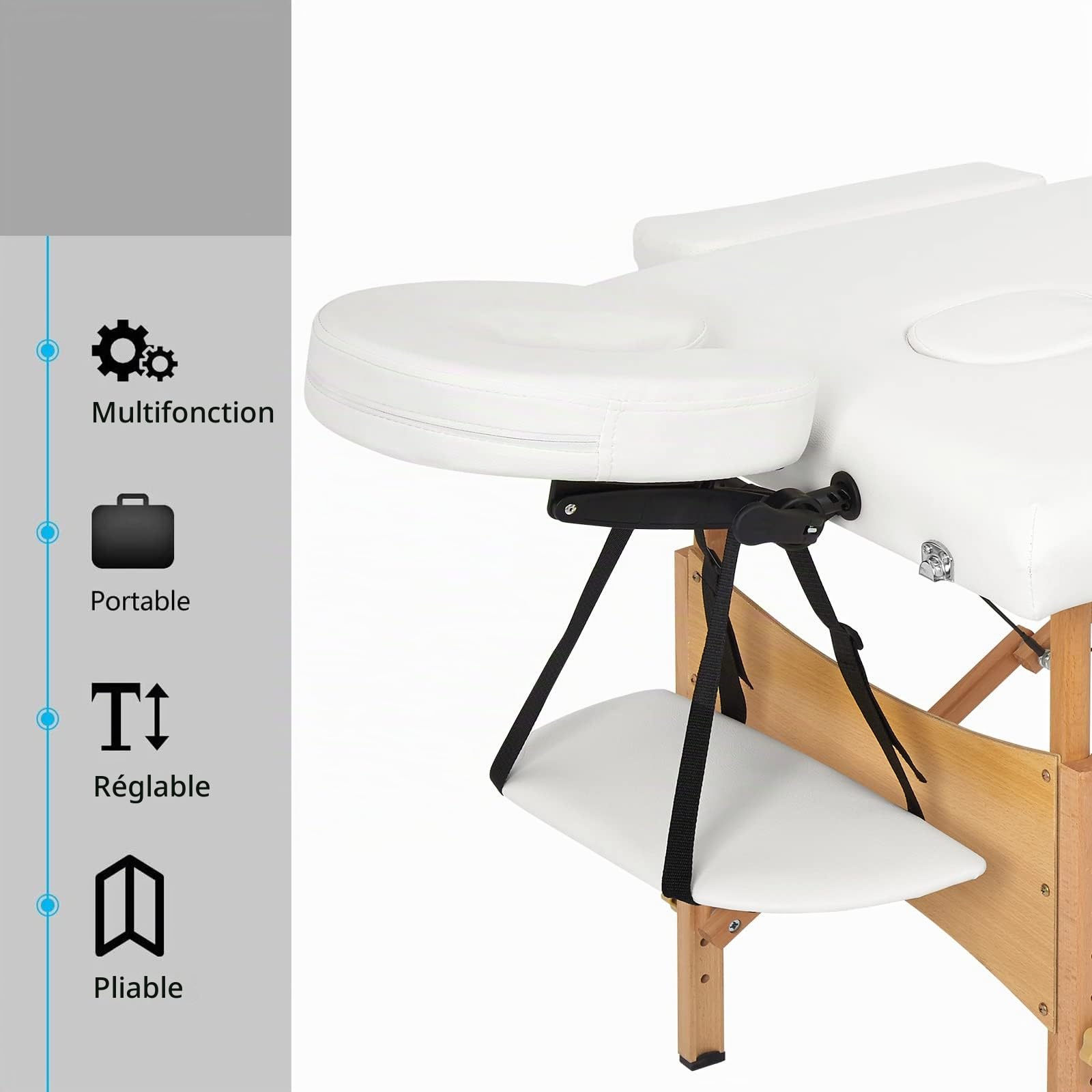 Mondeer Table de Massage, Pliante de 2 Sections Lit Cosmétique Pliante en PU et en Bois, avec l’Appui-Tête Amovible, avec Housse de Transport et Accessoires (Blanc), 198x60x81cm