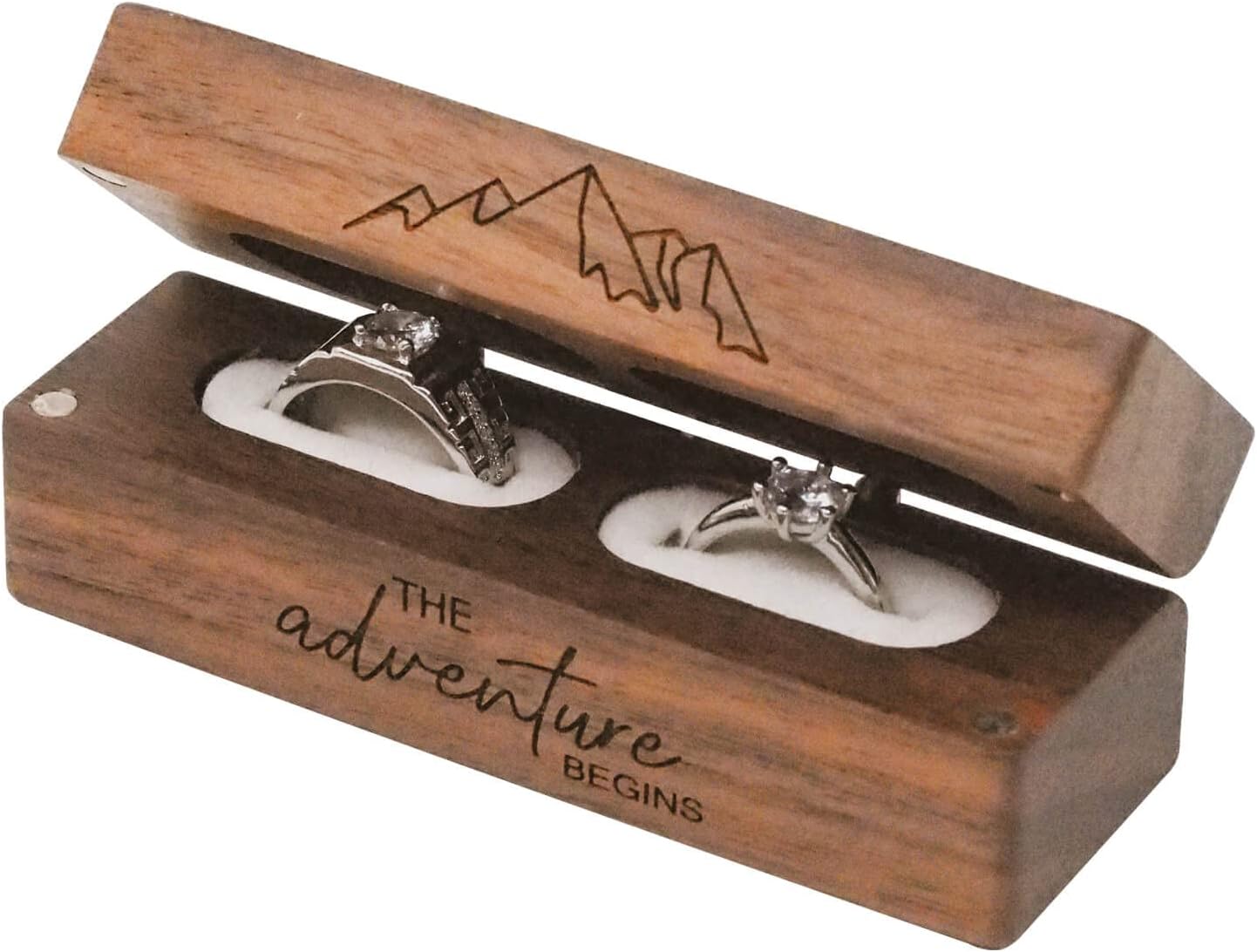 Muchly Engraved Flip Wooden 2 Ring box for wedding -Rustic Vintage Solid Wood rectangle Jewelry Storage Box