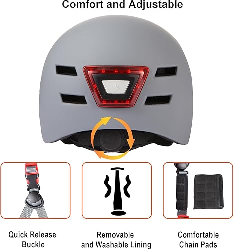 Miniatura 5 de Casco de bicicleta para adultos con luz, luces LED delanteras y traseras, casco de bicicleta ajustable para adultos, hombres y mujeres, casco de