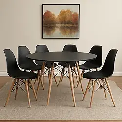 Conjunto de Mesa de Jantar Eames Eiffel Redonda 120cm Tampo de Madeira com 6 Cadeiras Eiffel Charles Eames (Preto)