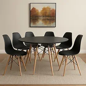 Conjunto de Mesa de Jantar Eames Eiffel Redonda 120cm Tampo de Madeira com 6 Cadeiras Eiffel Charles Eames (Preto)