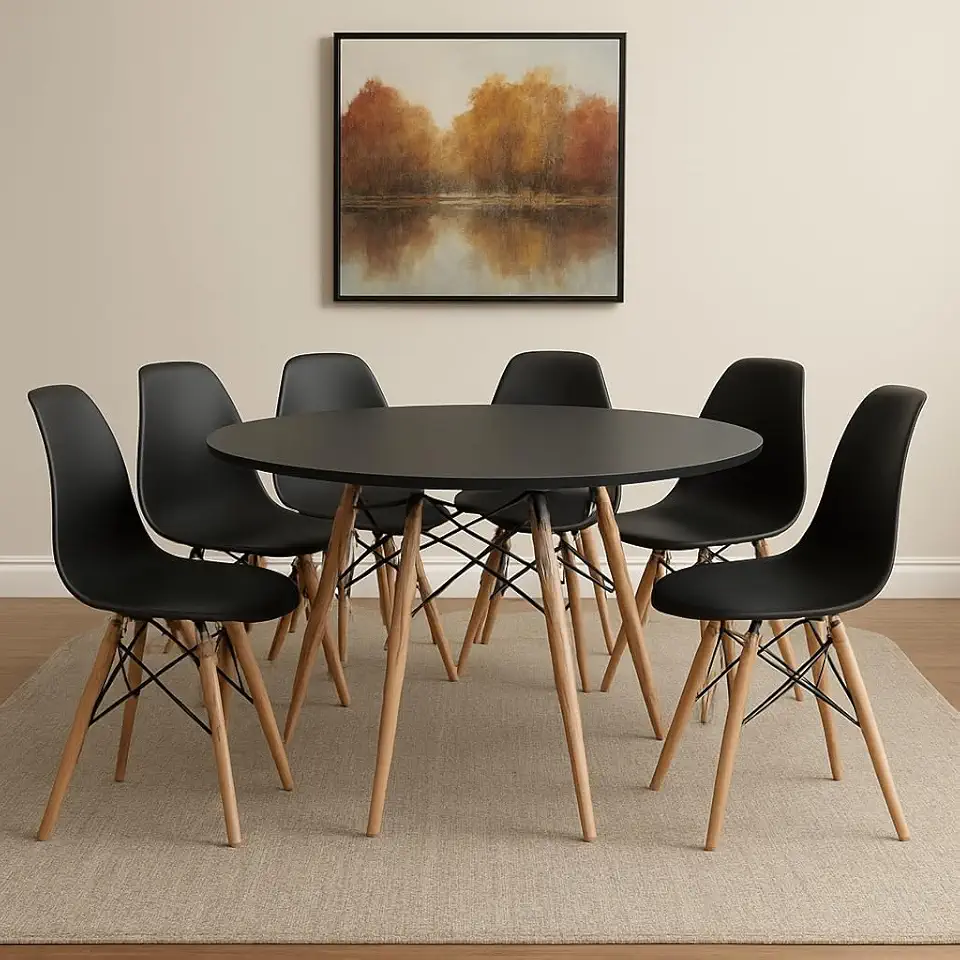 Conjunto de Mesa de Jantar Eames Eiffel Redonda 120cm Tampo de Madeira com 6 Cadeiras Eiffel Charles Eames (Preto)