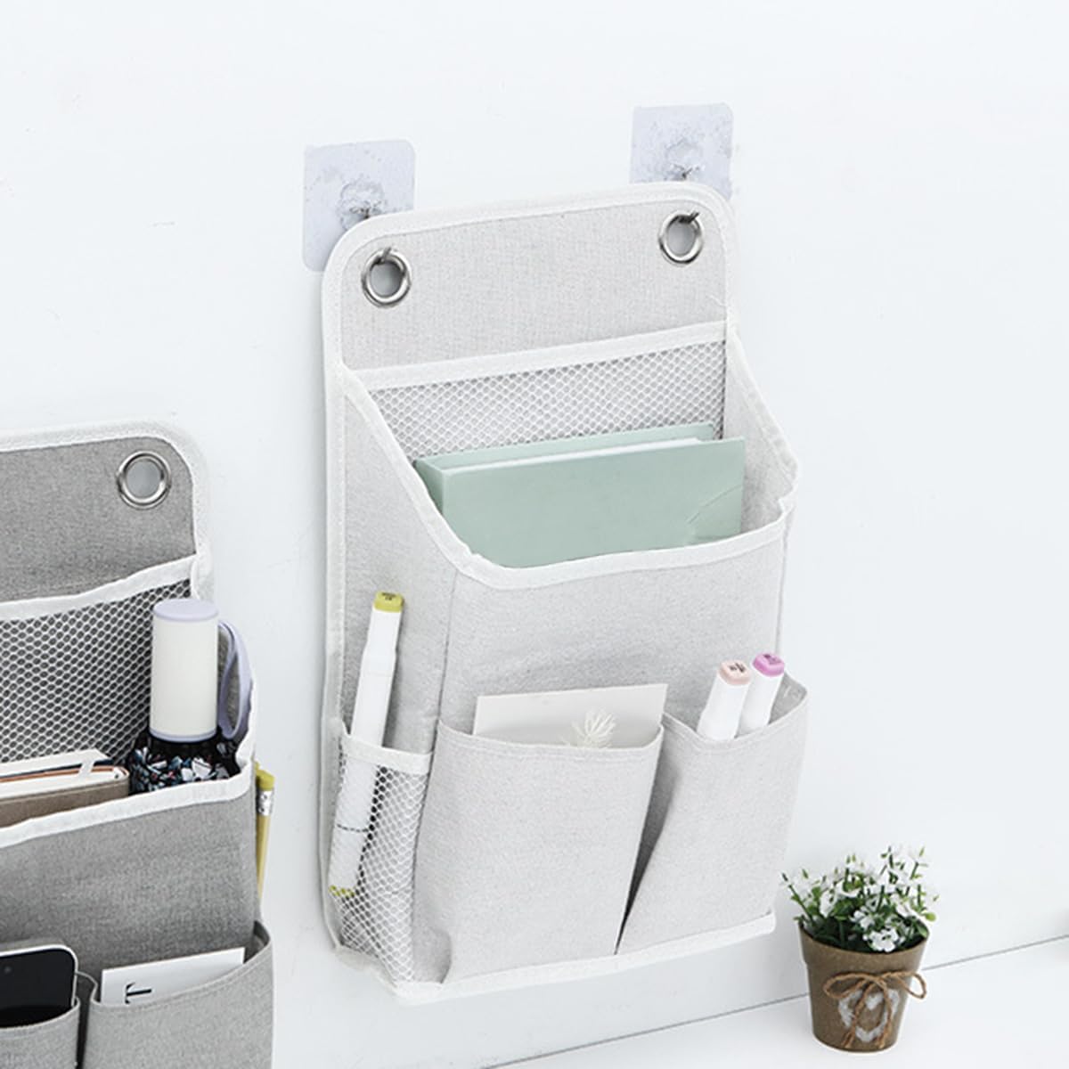 Hanging Organizer with Pockets and Sticky Hook, Hanging Storage Baskets for Bathroom Bedroom Office Home Kitchen (Beige)