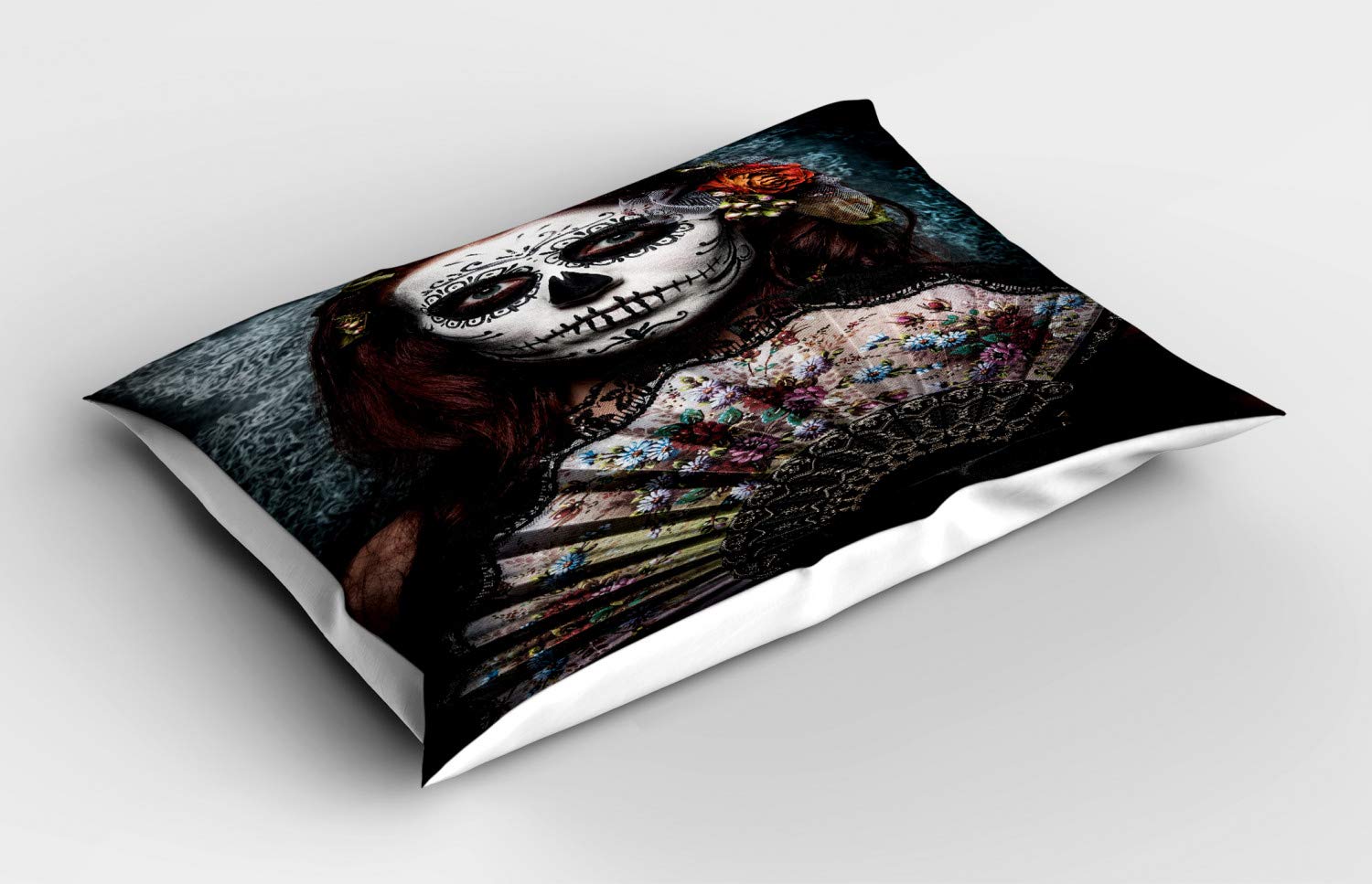 Ambesonne Day of The Dead Pillow Sham, Make up Artist Girl Skull Scary Roses Artwork Print, Decorative Standard King Size Printed Pillowcase, 36