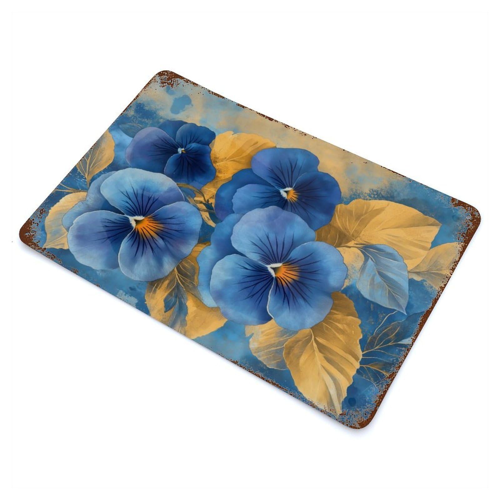 Blue Pansies Watercolor Weathered Tin Sign 11.8"x7.9", Rustic Home Decor for Office, Studio And Wall Decor