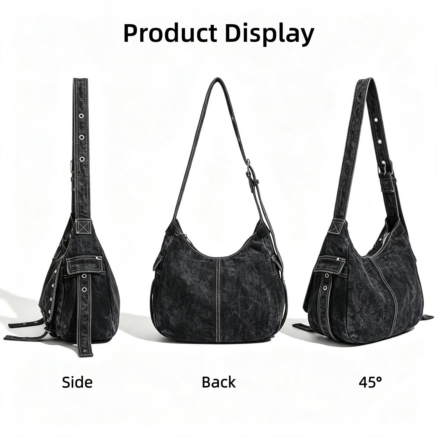 Generico Borsa Denim A Spalla, Borsa Hobo Da Donna Di Grandi Dimensioni In Tela Effetto Vissuto – Indossabile A Spalla O A Mano – Caratterizzata Da Borchie In Stile Punk Y2K