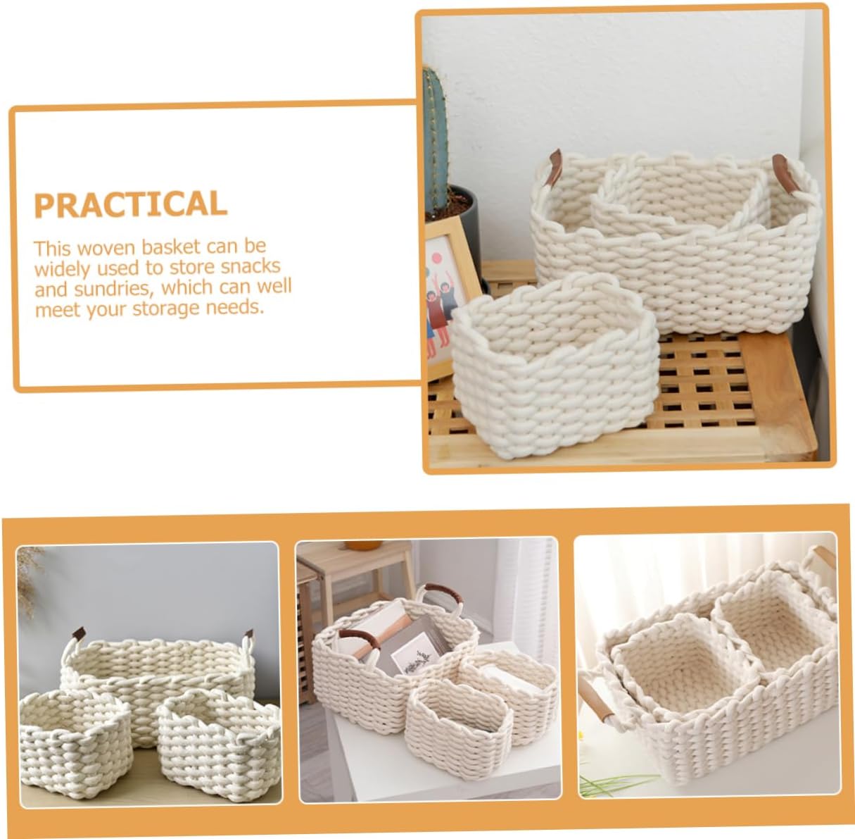 PRETYZOOM 北欧風コットンロープ 収納バスケット 編み込み収納籠 革素材使用 雑貨オーガナイザー デスクトップ整理セット