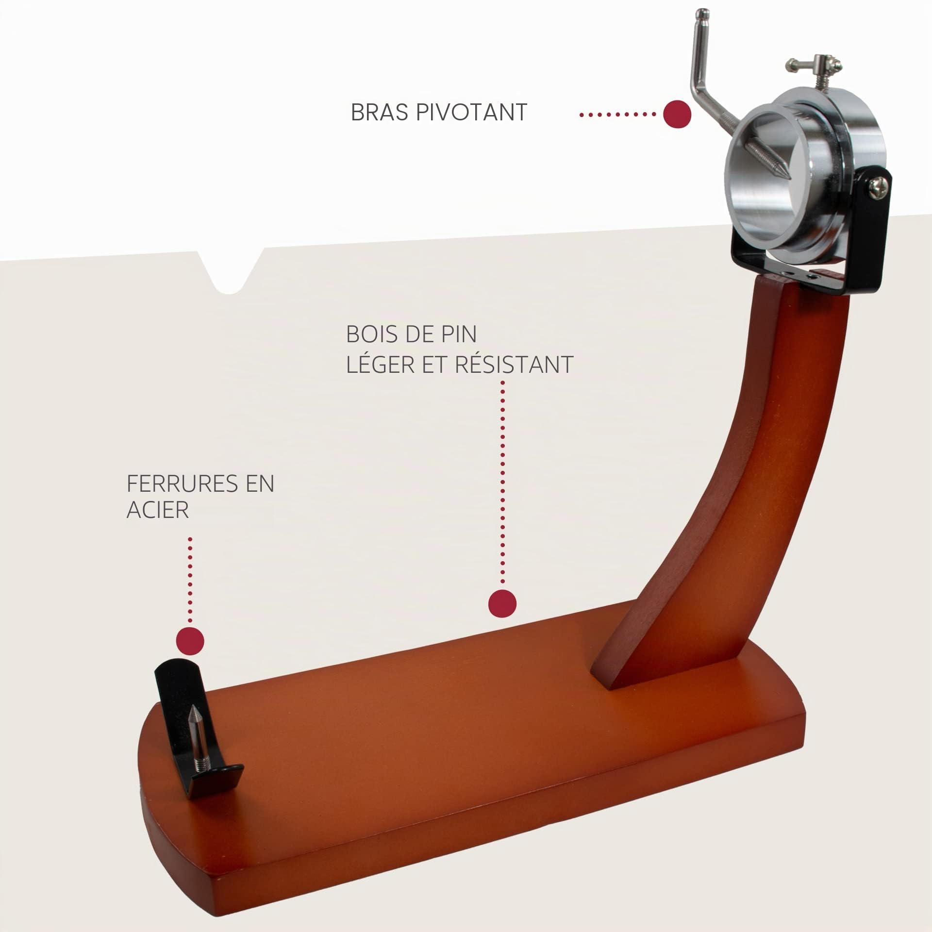 Fackelmann Support à Jambon Rotatif Professionnel pour Palette et Jambon, pin avec ferrures chromées, Couleur Bois Naturel, 36,5 x 16,5 x 37,5 cm, 1 unité