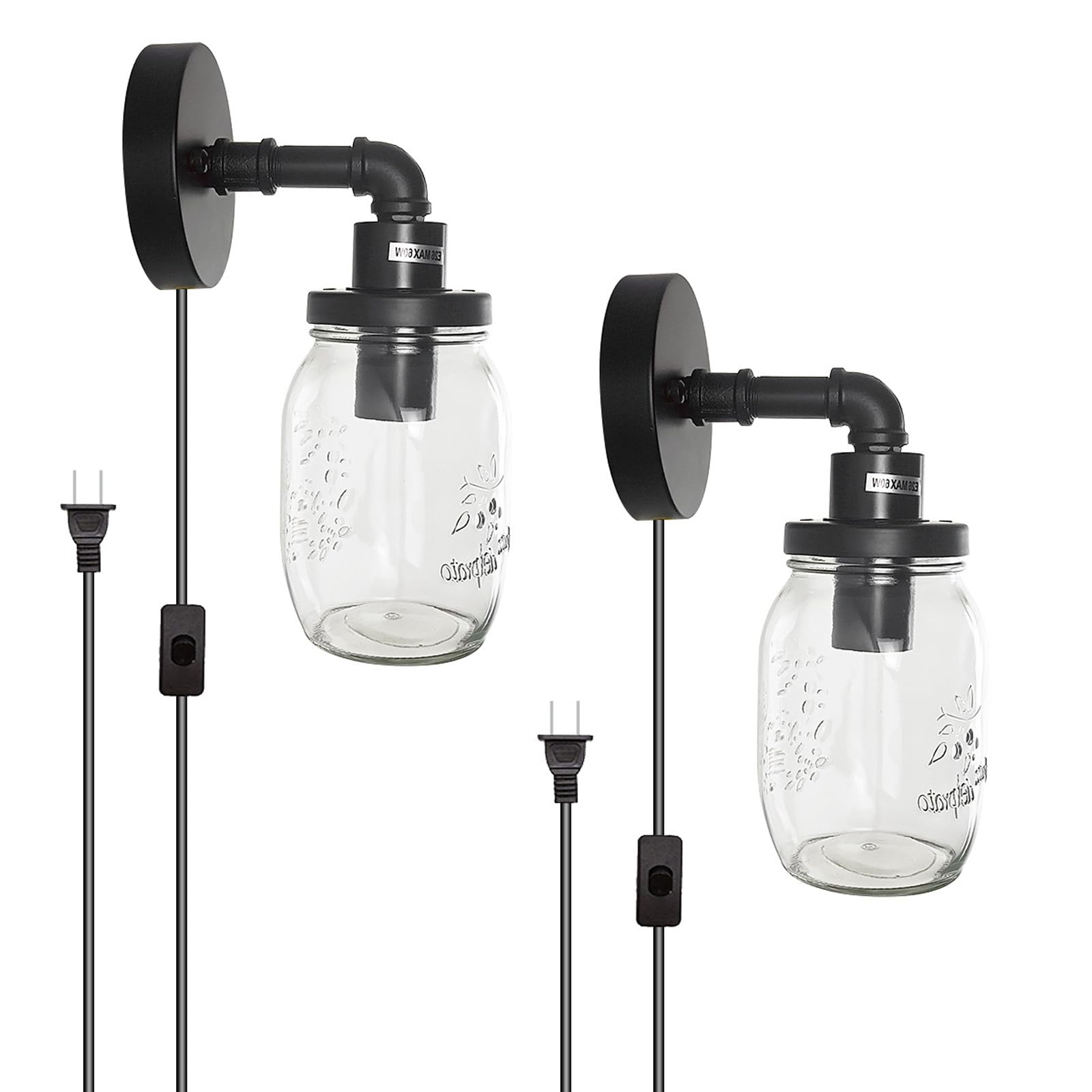 Vintage E27 Innen Wandlampe mit Stecker und Schalter Wandleuchte mit Kabel Steckdose Wandbeleuchtung Industrial Retro Wandleuchten Eisen Glas für Wohnzimmer Schlafzimmer Loft (2 Stück)