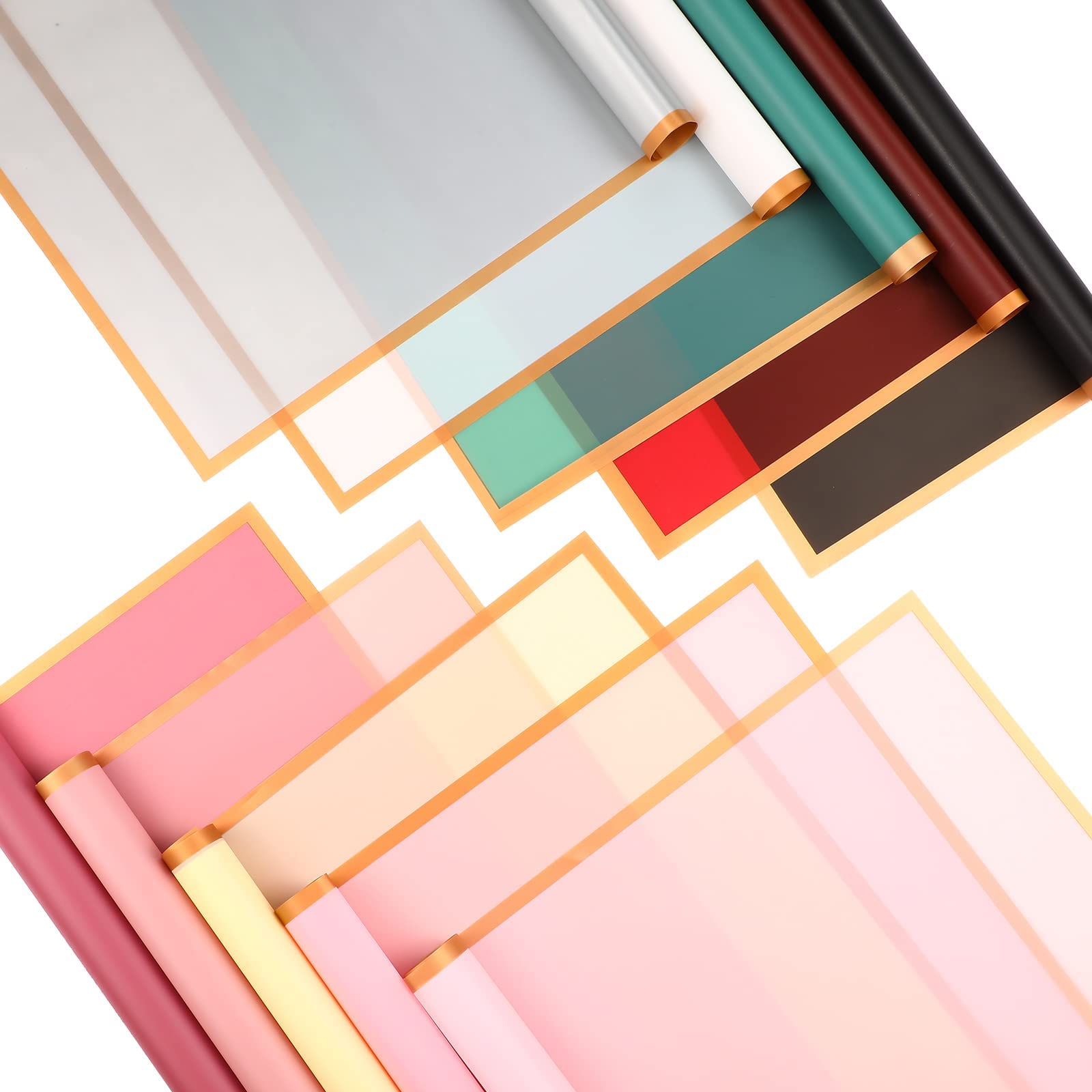 MAKINGTEC Floral Wrapping Paper, Gold Edge Waterproof jelly film matte DIY Crafts, Assorted Flower Bouquet Office Supplies Suitable for flower shop, party, wedding 10 Colors (200 Sheets)