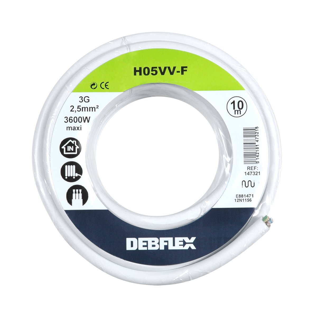 Bobinot de câble - Bobine de Fils électrique - Câble électrique - Couronne de câble - Bobinot Câble Souple 10 mètres HO5VV-F 3G2.5 mm ² - Blanc - 147321 Debflex