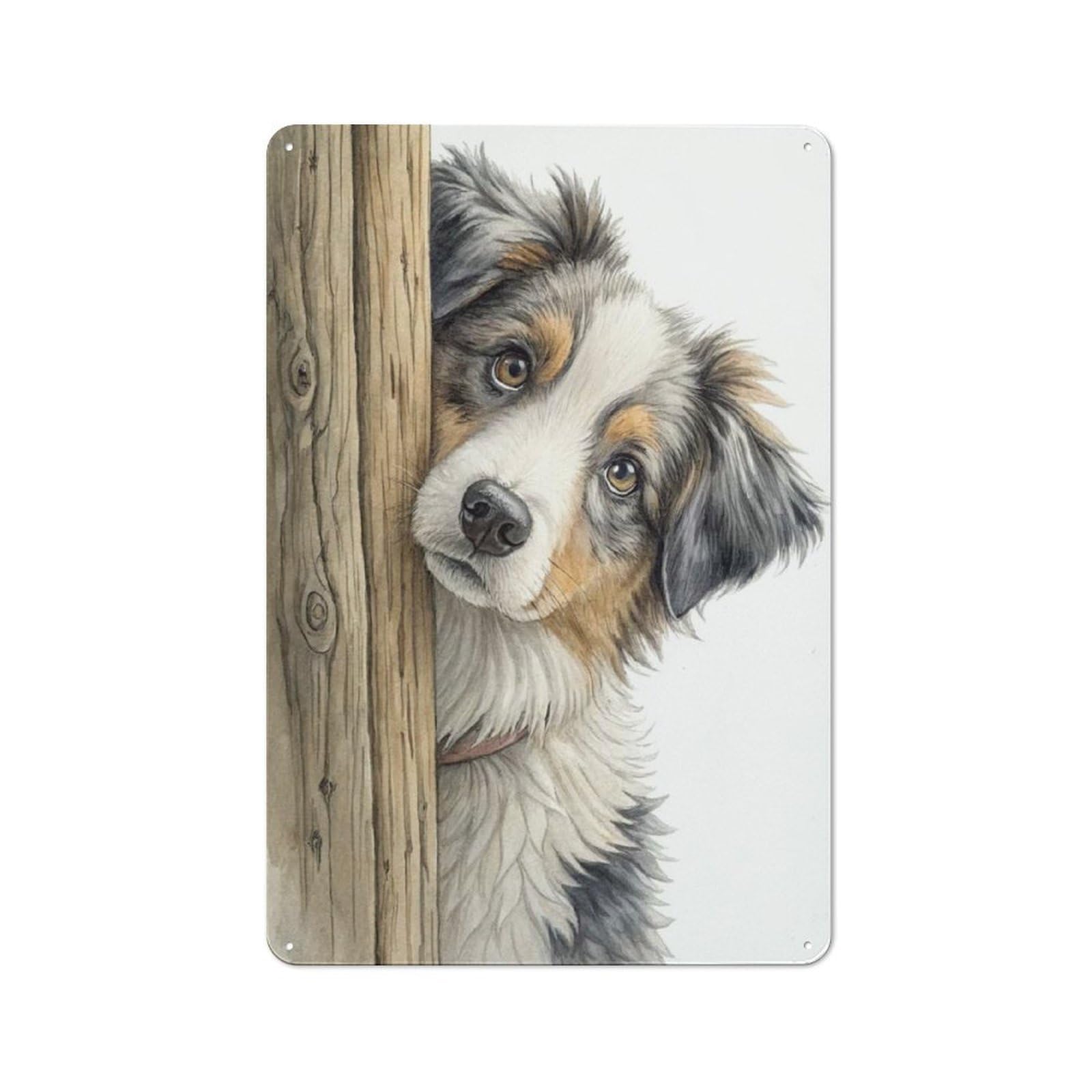 For Dining Room Or Kitchen, Peeking Puppy Behind Wooden Post Retro Metal Plaque 30x20cm, for Metal Sign Collectors, for Garage And Workshop Walls