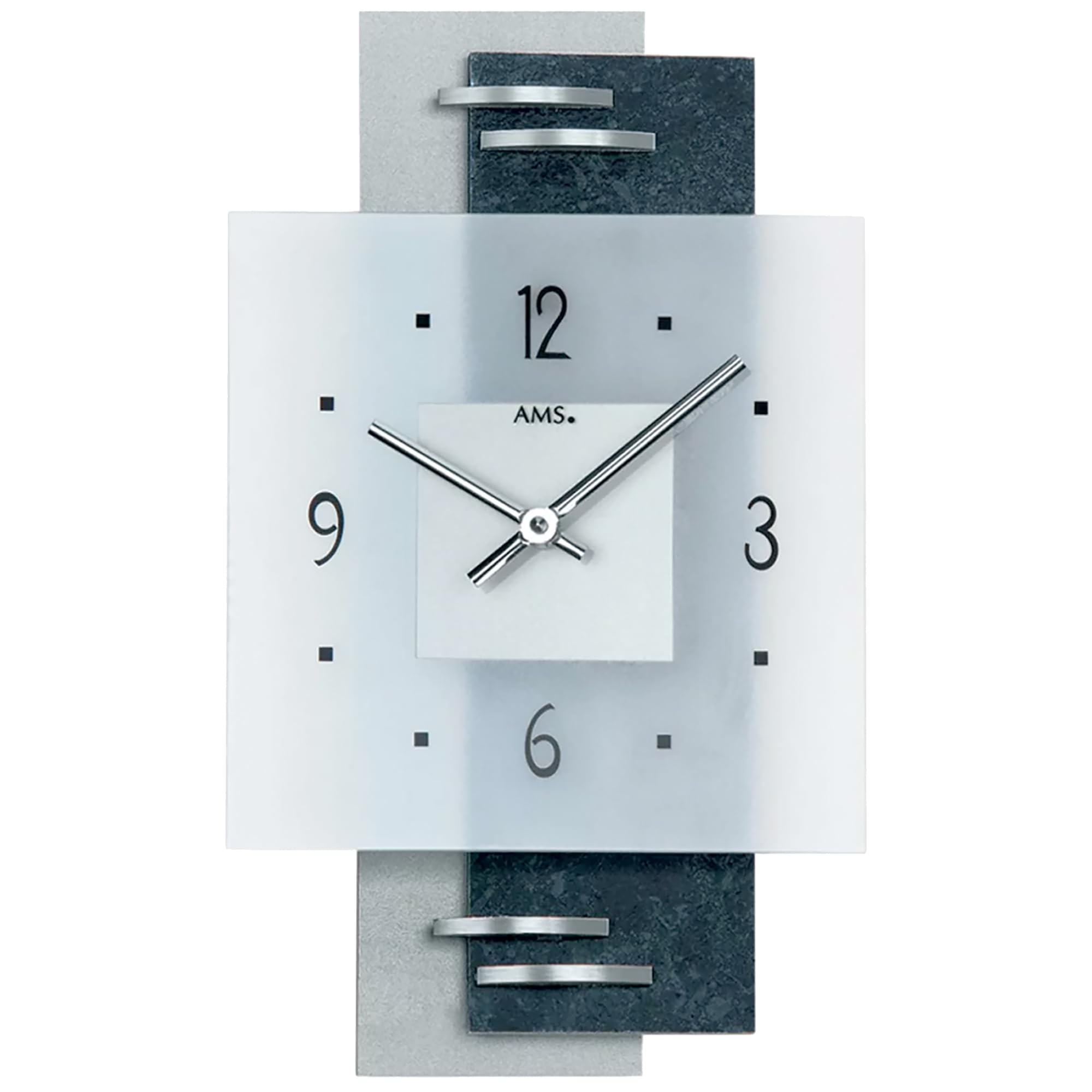 AMS Wanduhr - geräuscharmes Quarzwerk, Moderne Uhr, Quarz-Wanduhr mit transparentem Zifferblatt , satiniertes Mineralglas, Analoguhr für Wohnzimmer, Küche & Büro, Maße 22 x 35 x 5 cm