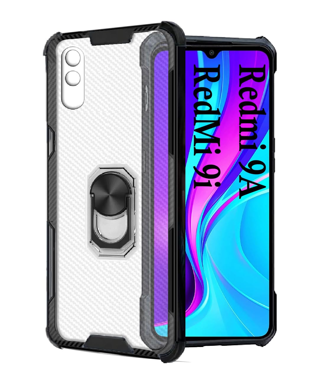 ASMANTIC Redmi 9A, Redmi 9i Protective Case, Clear Heavy Duty Shock Resistant Hybrid Phone Case with Ring Kickstand, Shock Absorption with 4 Corners Protection for Redmi 9A, Redmi 9i (Black)