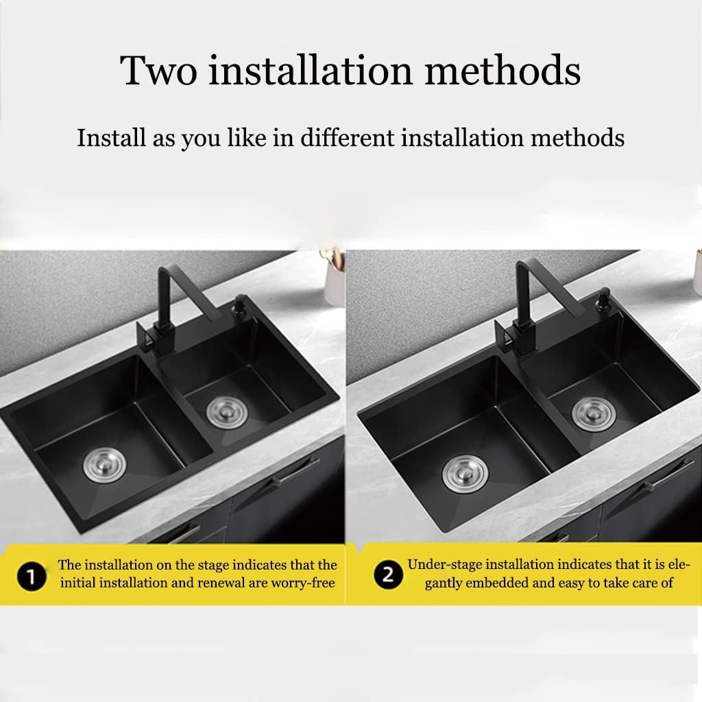 KITCHEN SINK Bar Double-Bowl Stainless Steel Sink with Drain Basket & Drain Assembly Top Mount Or Undermount (Color : Black, Size : 82x45x20cm)