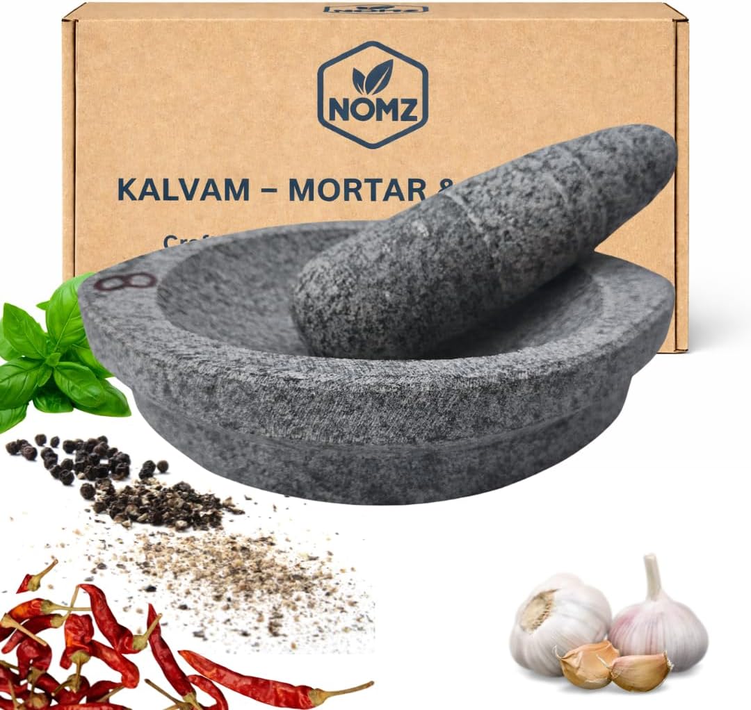 NOMZ Stone Mortar and Pestle Set (Kalvam) 8 Inch Boat Shape, 2.8 Kg, 1 Cup | Handmade Silbatta for Chutney and Masala | Heavy Duty Khalbatta with Anti-Skid Base