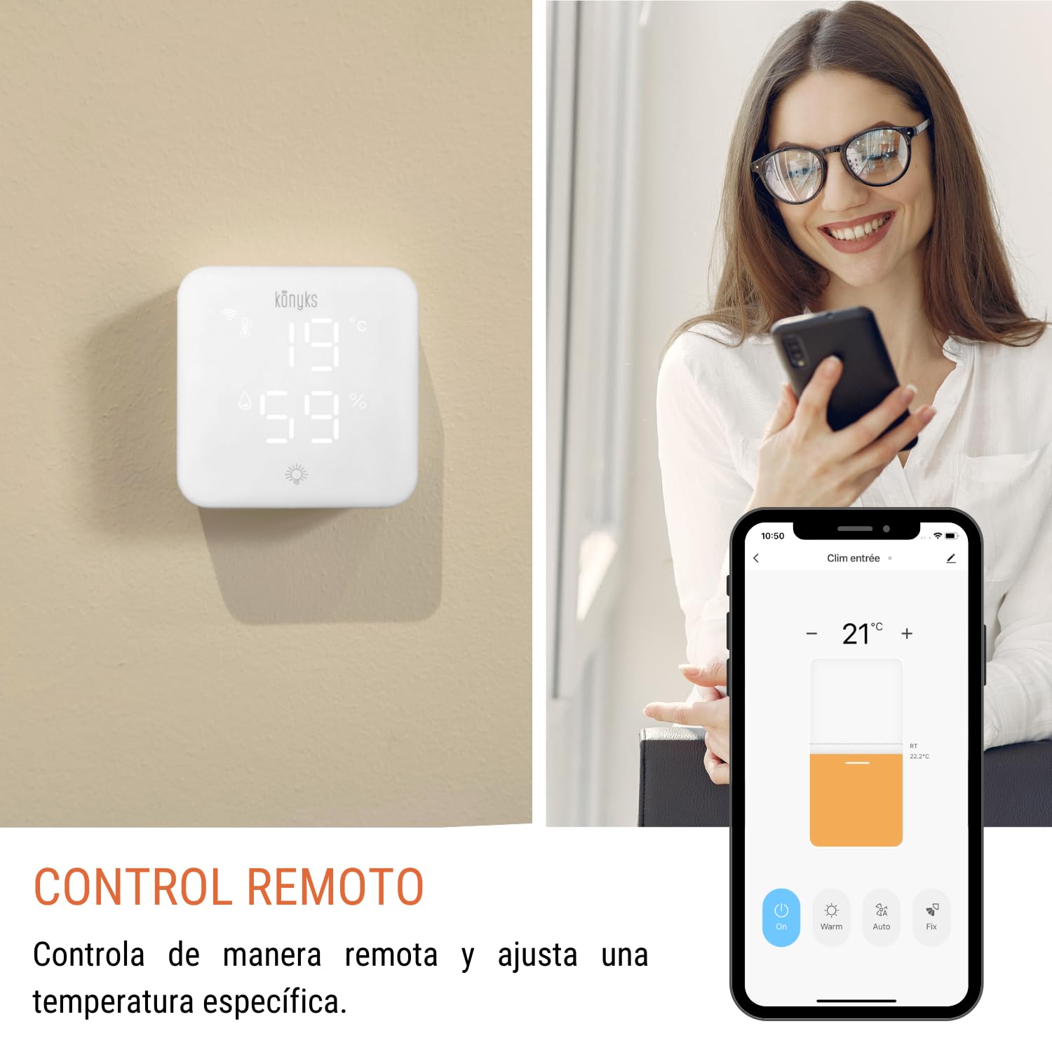 Konyks Climpac - Termostato de Red Wi-FI para Aire Acondicionado y Bomba de Calor, Control Remoto, Control por Voz, termómetro e higrómetro