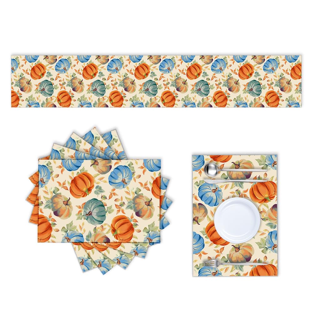 Aowced Orange Blue Table Runner and Placemats Set, Fall Colorful Pumpkins on Cream, 72 Inch Table Runner with 6 Placemats, Autumn Dining Decor for