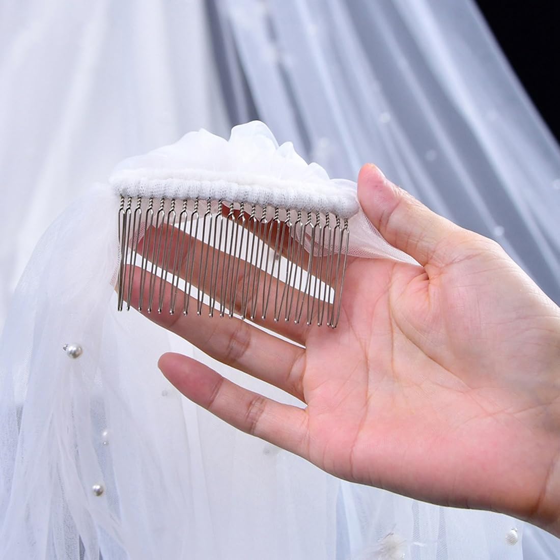 chrumeshi Long Wedding Bride Veil Pearl Chapel Length Veils For Women With Comb - Image 6