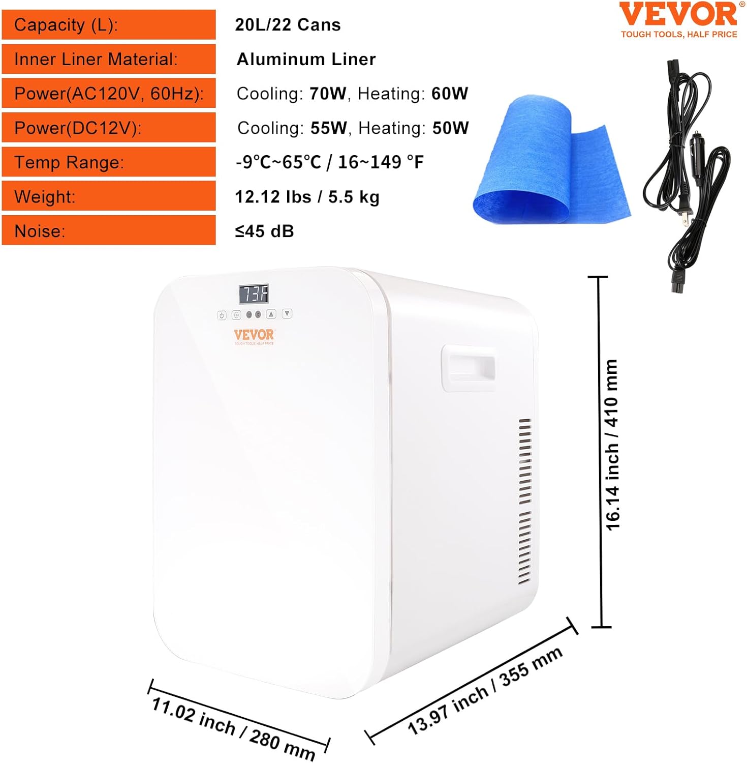 VEVOR Mini Fridge, 20L Skincare Fridges with Temper Control Touch Screen, Portable Small Beverage Refrigerator for Bedroom Office Car Dorm, AC/DC Cool Warmer for Cosmetic Drink Milk, White