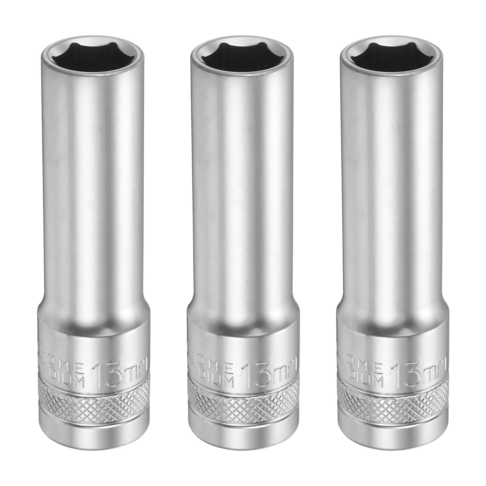 sourcing map 3pcs 6 Points Deep Socket 1/2" Drive 13mm Deep Metric CR-V Steel Polished Nickel Plating 78mm / 3.1" Long Hex Socket Tool for Home Auto Nuts Bolts Repair