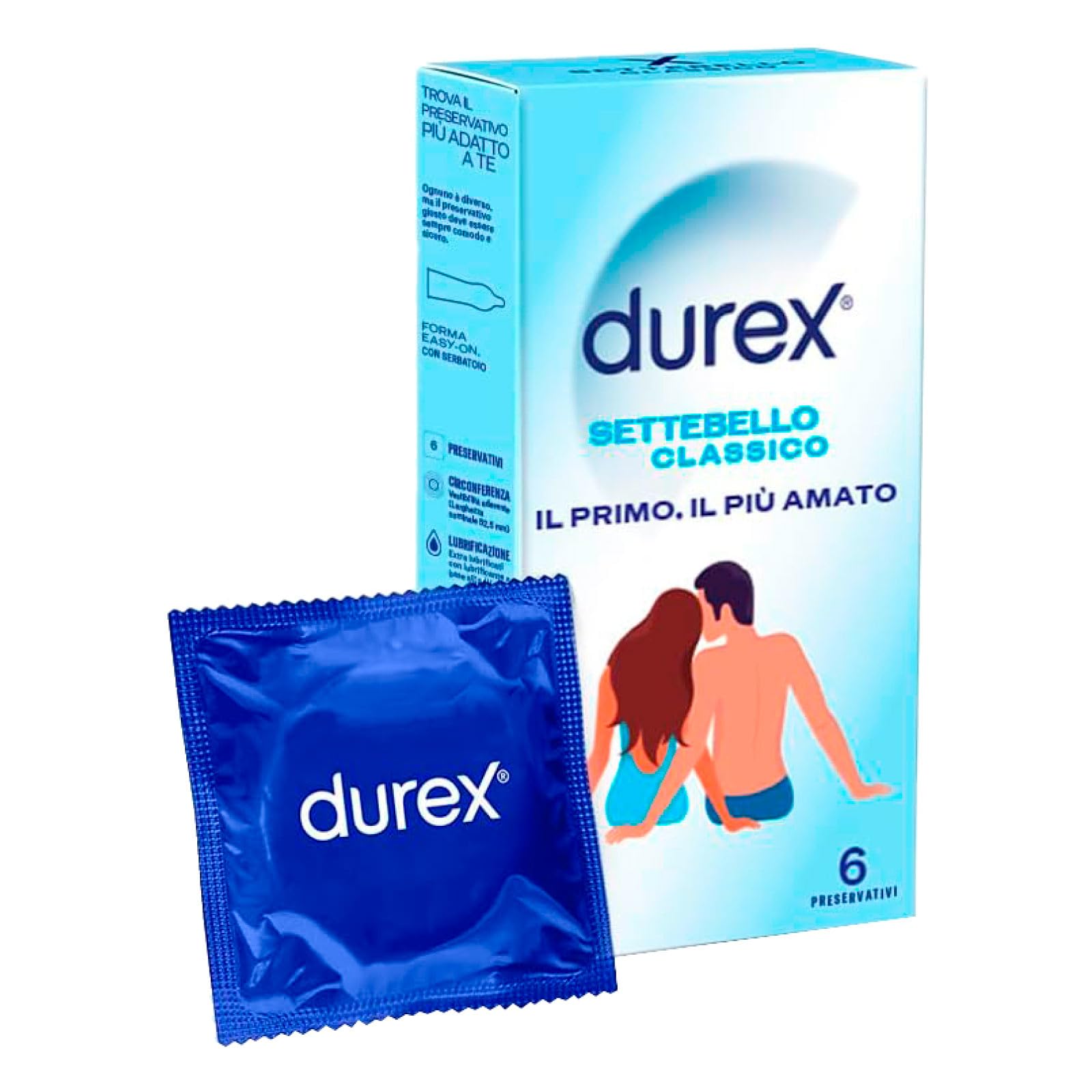 Durex Settebello Classico Preservativi Uomo in Lattice di Gomma Naturale Trasparenti Extra Lubrificati Forma Easy-On con Serbatoio Vestibilità Aderente Spessore Medio - 12 Confezioni da 6 Profilattici