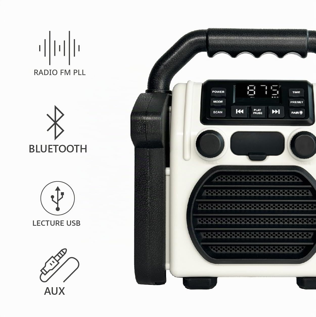 Silva Schneider BR 230 BT offwhite Radio de Chantier FM USB, Bluetooth Fonction réveil, Fonction de Charge de la Batter