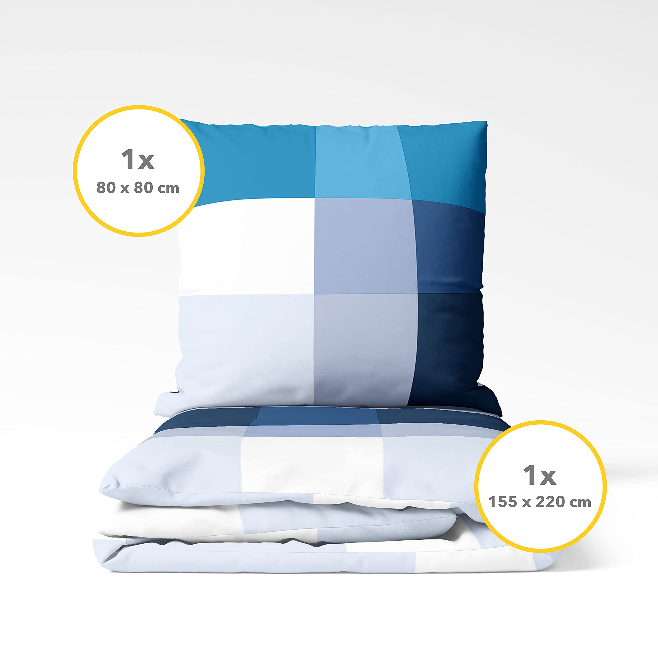 Bettwäsche aus 100% Baumwolle 2tlg. 155x220 + 80x80 cm Karo blau weiß | Renforcé Bettwäsche mit Reißverschluss, leicht, atmungsaktiv, bügelfrei, ideal für Frühling, Sommer, Made in EU, OEKO-Tex