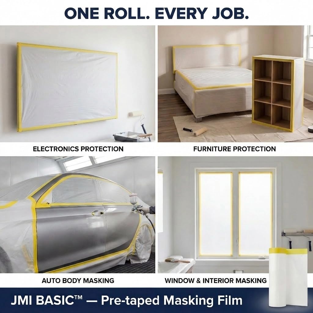 Pre-Taped Masking Film for Car Painting – 3 Pack Painters Plastic Sheeting with Automotive Tape and Drape, Paint Plastic Covering Cars, Appliance, Windows and Furniture Protection (59 Inch)