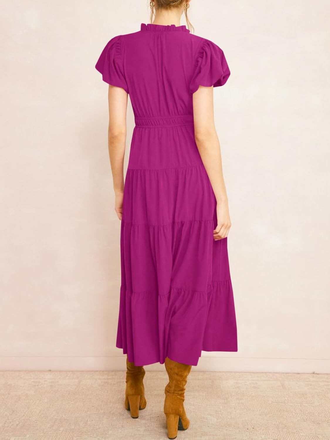 Wenrine Womens Summer Midi Dress Puff Short Sleeve V Neck Flowy Tiered Beach A-Line Dresses - Image 7