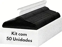 Cabide De Veludo Preto Adulto Ultrafino Slin Antideslizante Kit com 50 Un.Cabides 360°Graus Para Roupas Casacos Camiseta Calça Reforçado