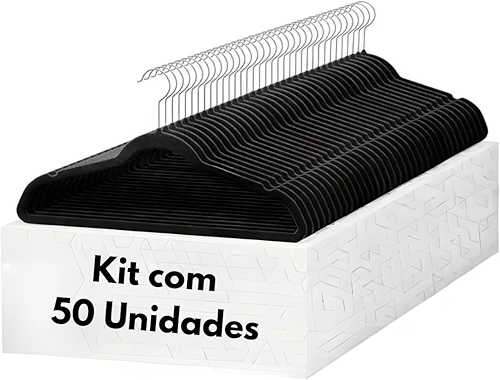 Cabide De Veludo Preto Adulto Ultrafino Slin Antideslizante Kit com 50 Un.Cabides 360°Graus Para Roupas Casacos Camiseta Calça Reforçado