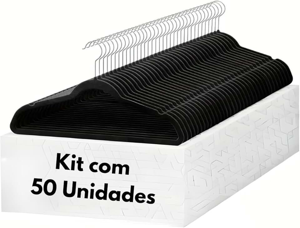 Cabide De Veludo Preto Adulto Ultrafino Slin Antideslizante Kit com 50 Un.Cabides 360°Graus Para Roupas Casacos Camiseta Calça Reforçado
