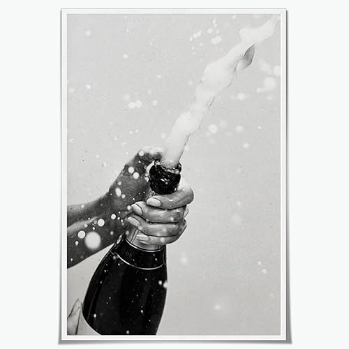 Arte de pared vintage en blanco y negro, póster de botella de champán, retro, carrito de bar, impresión en lienzo para sala de estar, dormitorio,