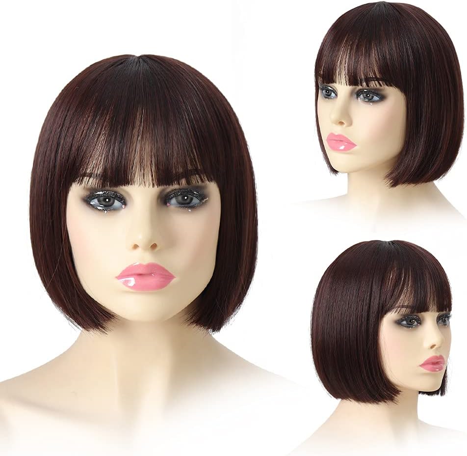 SYXLCYGG Short Brown Wigs Bob Wig With Bangs Synthetic 10" Straight Womens Hair Wigs Girl Cosplay Party White Women Daily (Free Wig Cap)