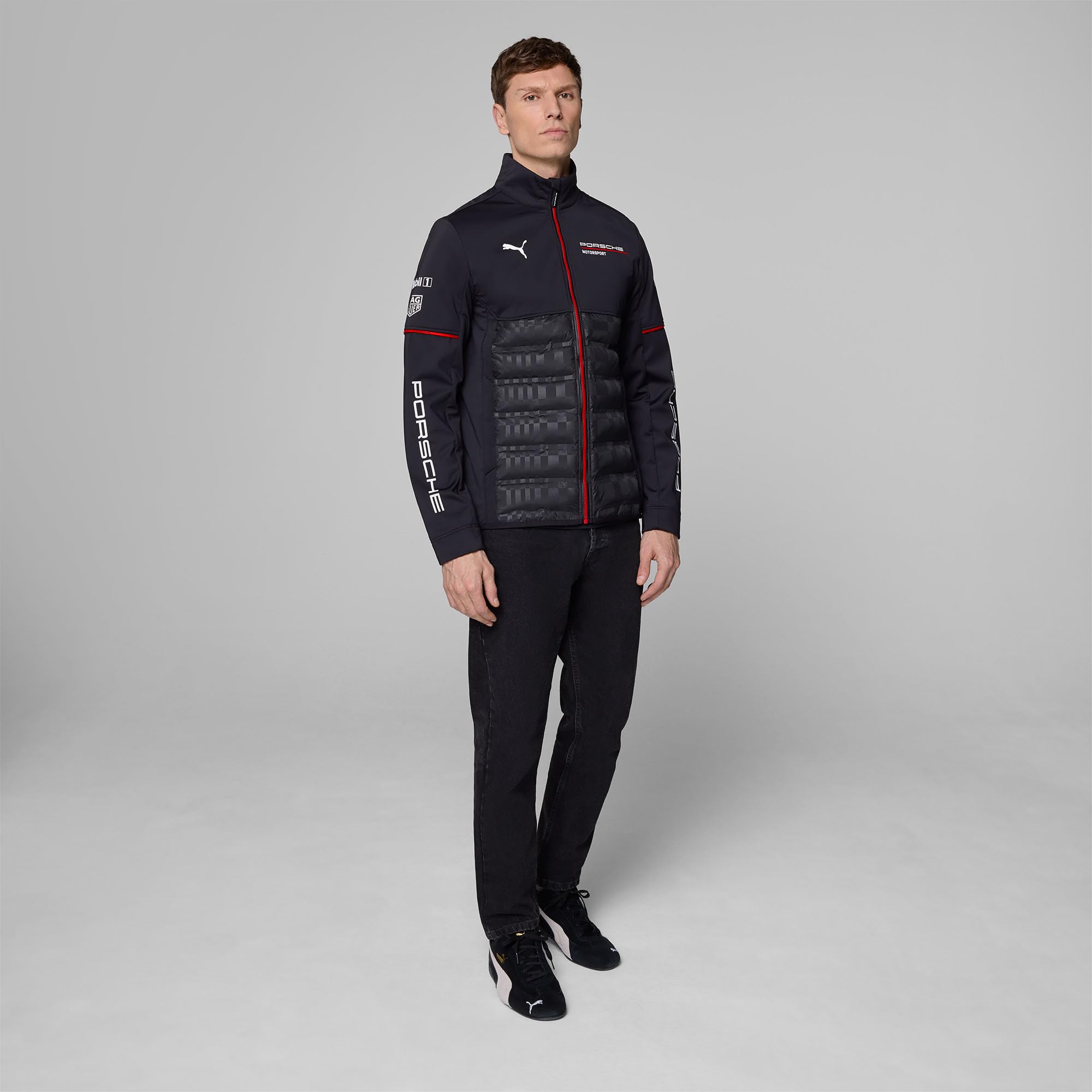 PUMA Porsche Motorsport męska kurtka hybrydowa Team z tkaną cholewką i wyściełaną dolną częścią dla najwyższego komfortu - czarna