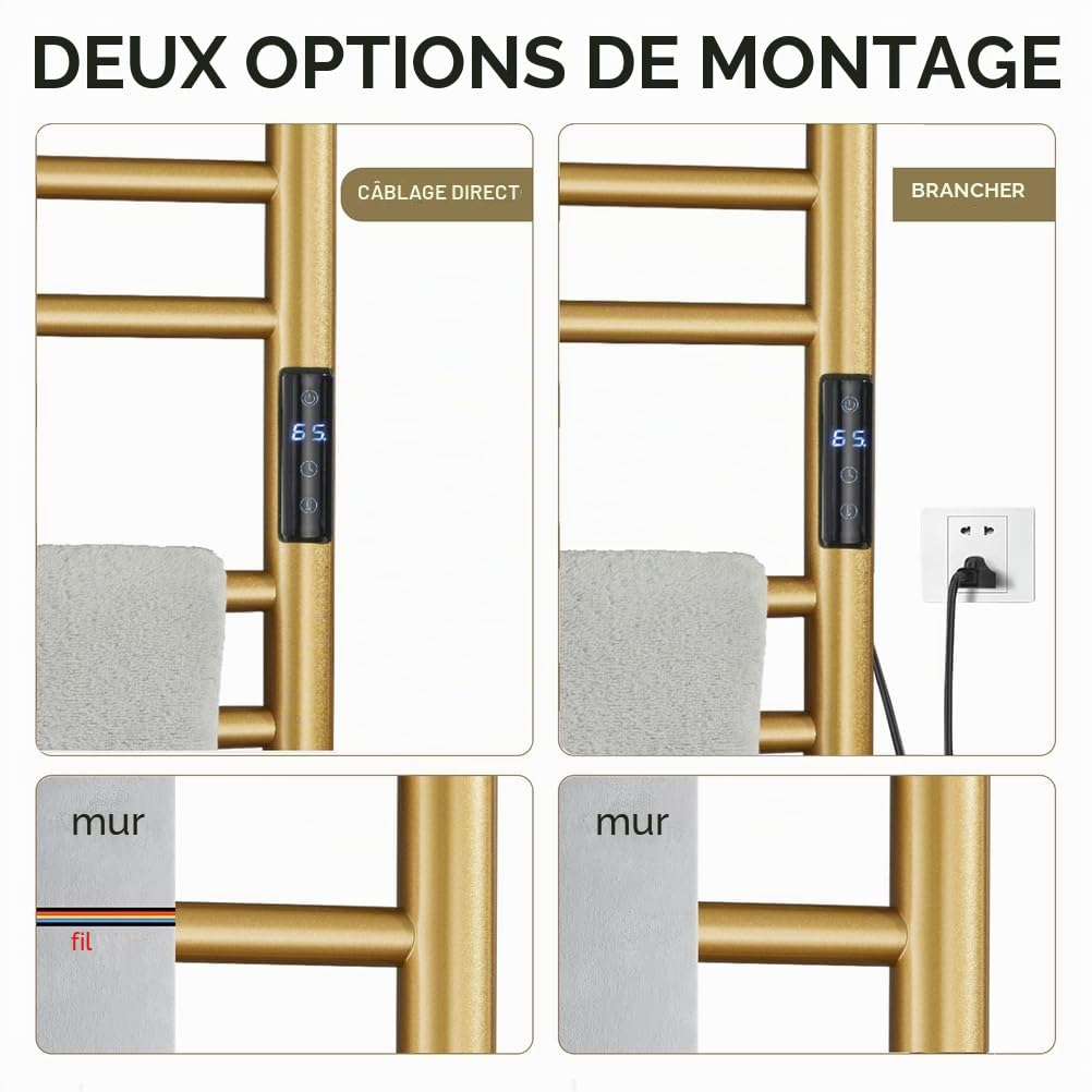 Sèche-Serviettes Radiateur Doré Accessoires De Salle De Bain, Minuterie Intégrée Contrôle De La Température 10 Bars Porte-Serviettes Chauffants Électriques, Plug-in/Hard-Wiring