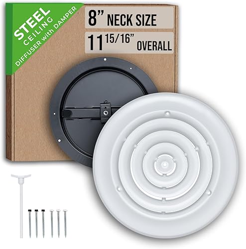 Handua se adapta a conductos de aire de cuello de 8 pulgadas | Difusor de suministro de aire redondo de acero para techo | Amortiguador de mariposa