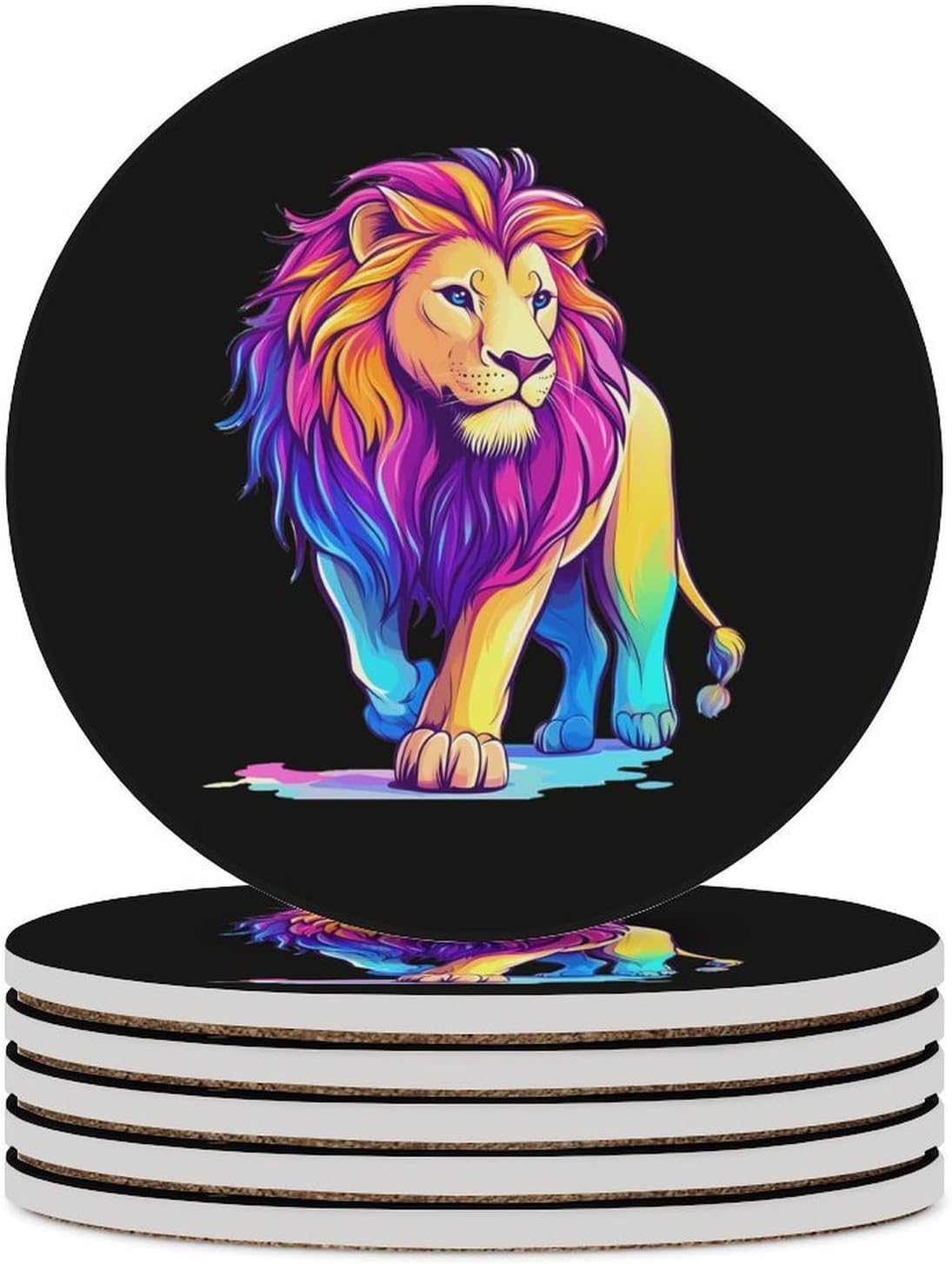 Colorful Wild Lion Coasters for Drink Round Ceramic Coaster with Cork Base Home Decorative 6PCS