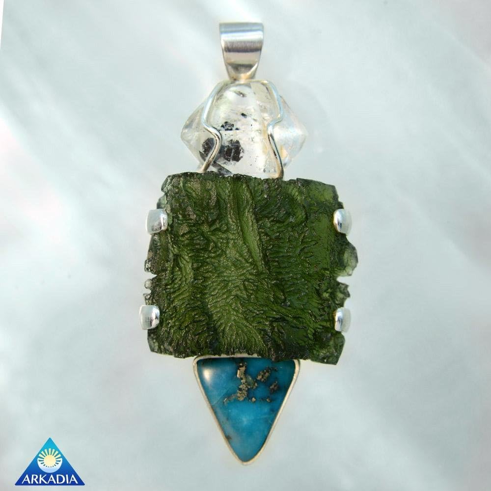 Large Herkimer Diamond Moldavite Arizona Turquoise Pendant SRP1480