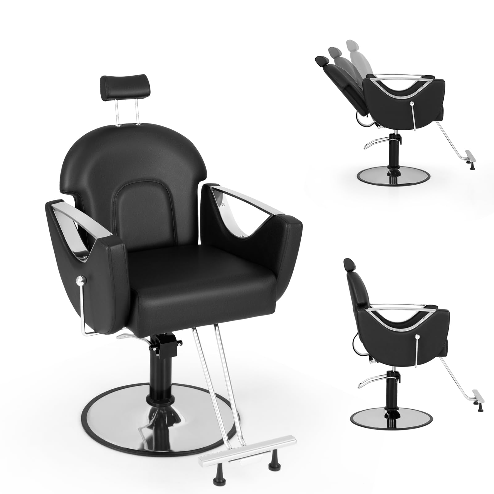 GOPLUS Silla de Peluquería, Silla Giratoria 360° con Respaldo para Peluquero, Altura y Reposacabezas Ajustables, Silla Reclinable con Bomba Hidráulica, Equipo de Barbero Tatuaje Belleza SPA (Negro)