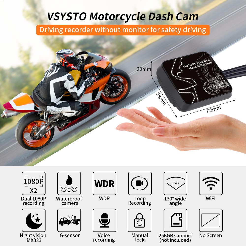 VSYSTO Dash CAM para Moto, Dashcam Cámara de Motocicleta Delantera y Trasera HD 1080P, 130° Gran Angular Cámara Deportiva a Prueba de Agua con WiFi, WDR, Sensor G, Visión Nocturna