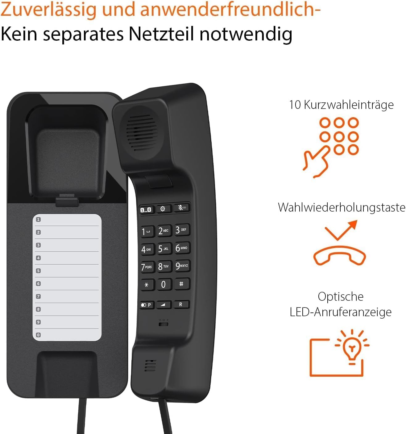 Gigaset Desk 200 - Schnurgebundenes platzsparendes Telefon mit elastischem Kabel - 10 Kurzwahleinträge - Wahlwiederholung - MFV- oder Impulswahl einstellbar, schwarz [Deutsche Version]